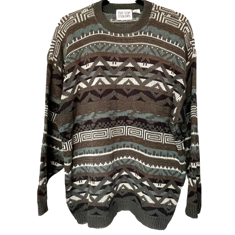 Vintage Tip Top Tailors Brown Teal Long Sleeve Aztec Fair Isle Men's Sweater M
